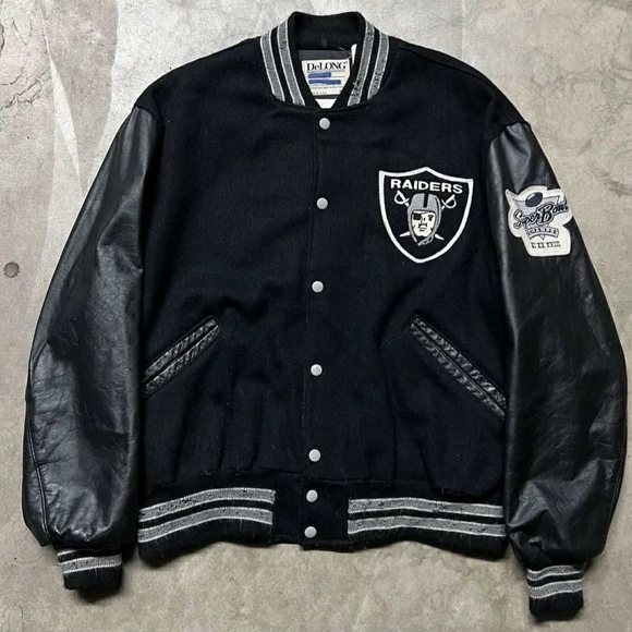Vintage 90’s NFL Raiders Wool + Leather-Sleeve DeLong Varsity Jacket L - Picture 1 of 4